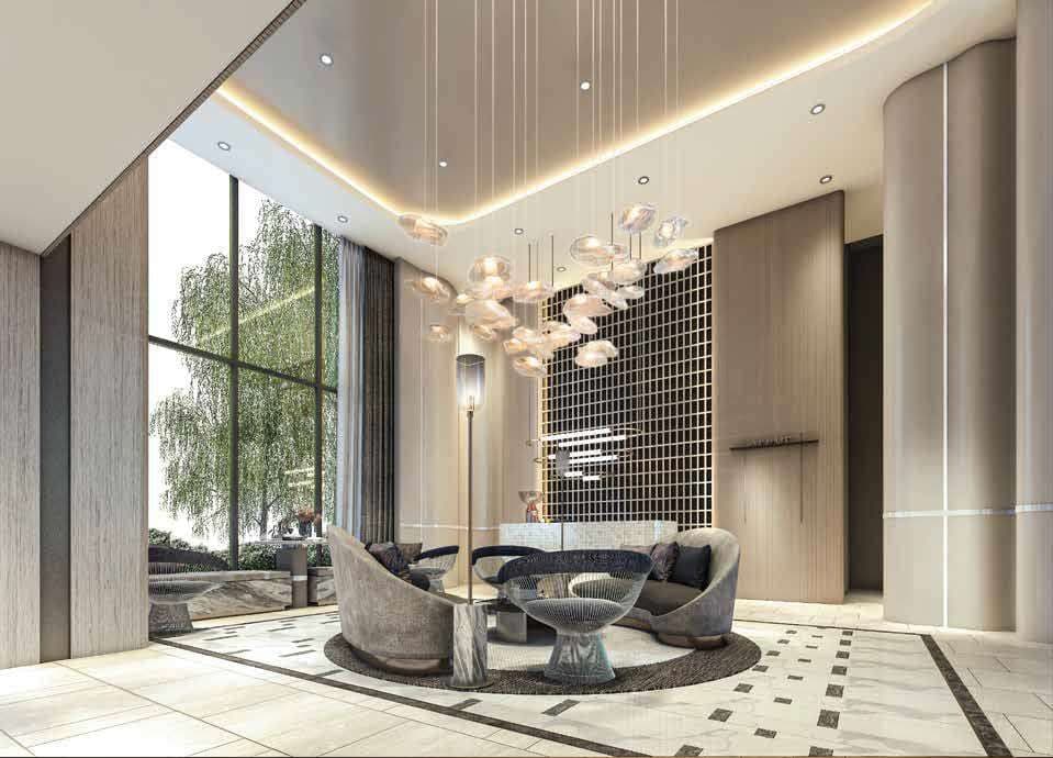 Double-height living lounge with glass pendant lighting